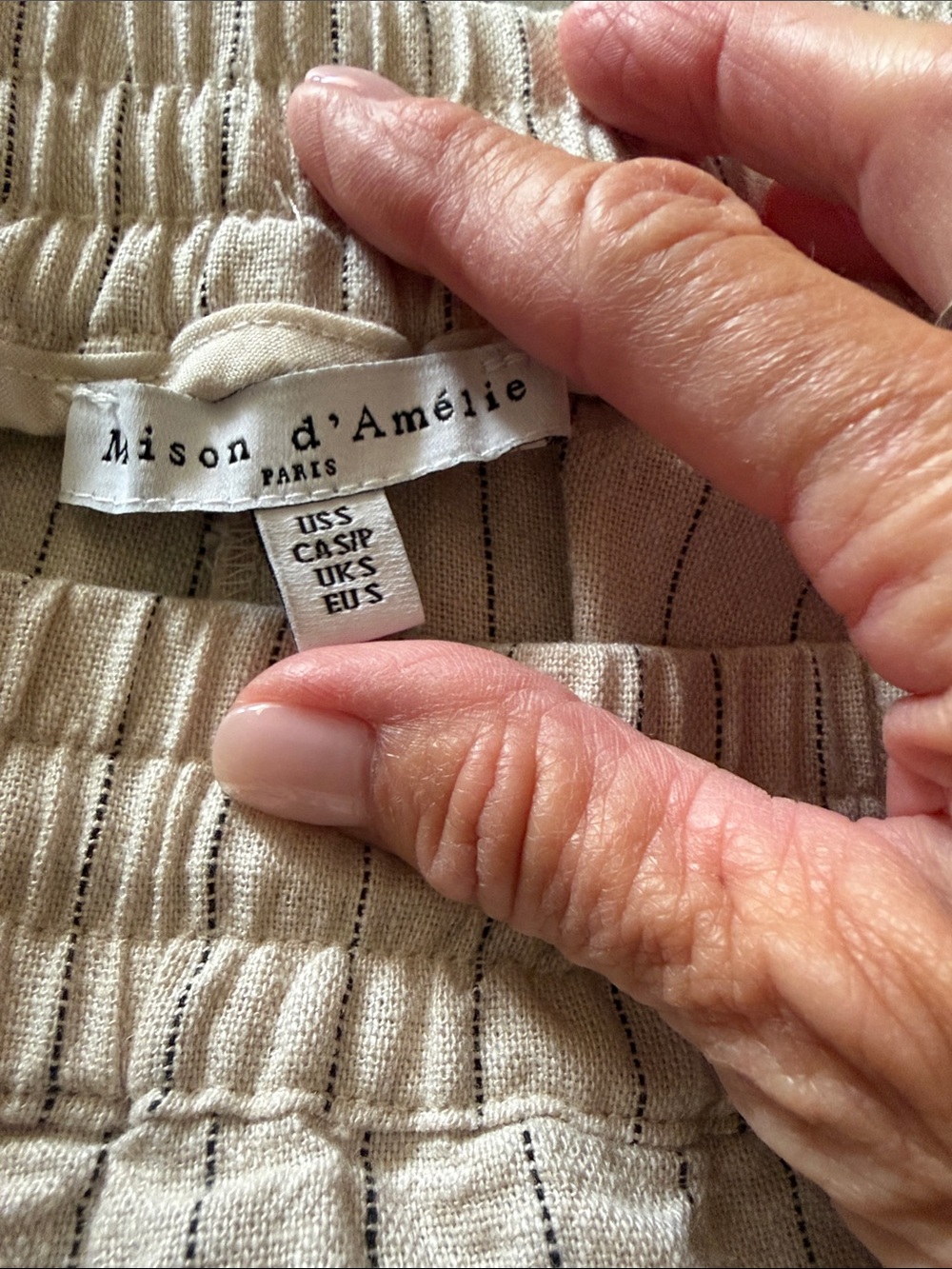 Maison D'Amelie Wide-Leg Linen Pinstripe Drawstring Pants in Beige - Picture 4 of 4